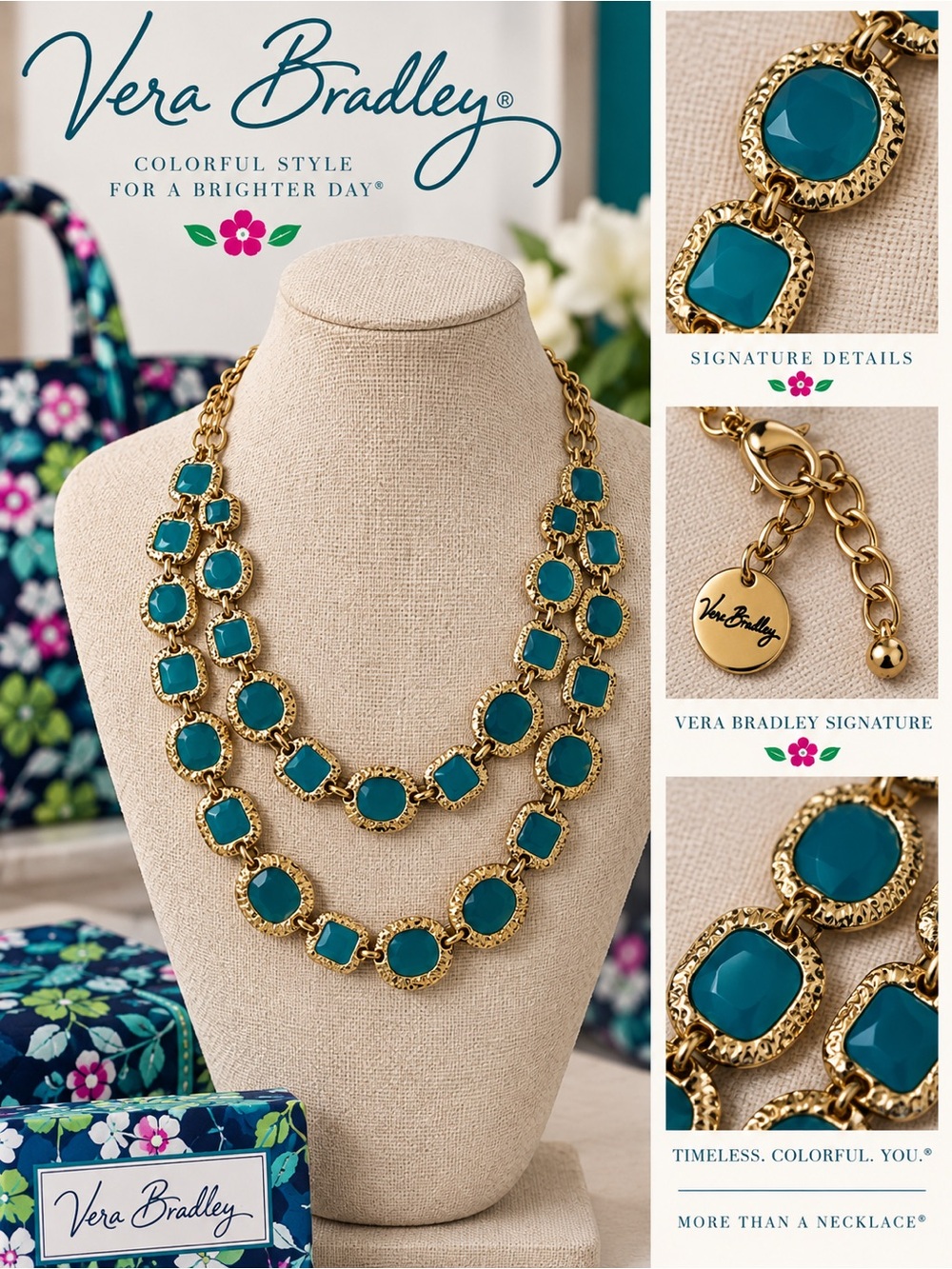 Vera Bradley Teal and Gold Two-Strand Statement Necklace